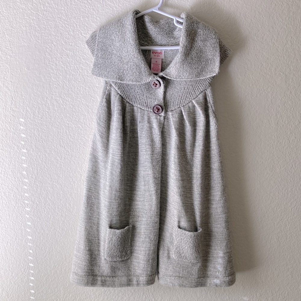 Even Girls Gray Sleeveless Collared Open Sweater